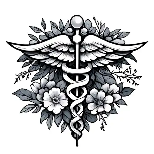 Fine Line Floral With Minimalist Elements Caduceus