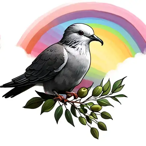 Rainbow Behind Dove Holding An Olive Branch In Its Beak Realistic
