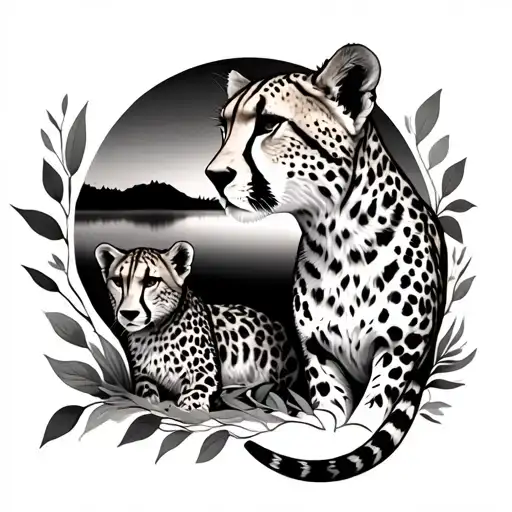 Cheetah And Cheetah Cub Surrounded By Leaves Sunset Over Lake