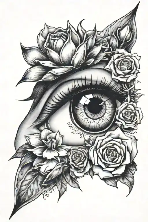 Female Eye With A Tulip And Rose Surrounded