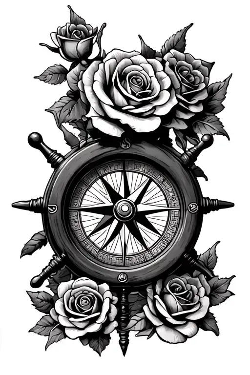 Ship's Helm With Roses Above A Compass With Roses