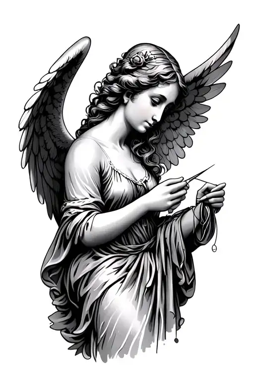 An Angel Sewing The Skin With Needle And Thread Crossed Together Representing