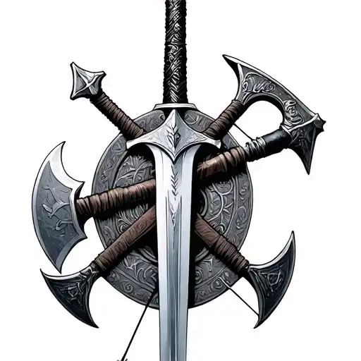 Aragon Sword With Legolas Bow And Arrow Drawn Back And Gimlis Axe On The Other
