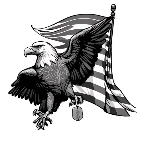 Bald Eagle Wings Spread Wide Holding An American Flag And Dog Tags
