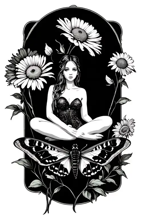 Cosmos Marigold Flowers And Lunar Moth Sitting Cross Legged