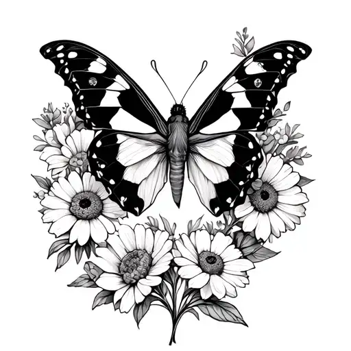 Cosmos Marigold Flowers And Lunar Moth Perched