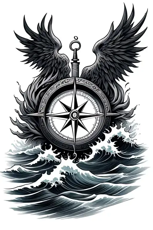 Nordic Patters With Compass Surrounded By Waves And Thunder