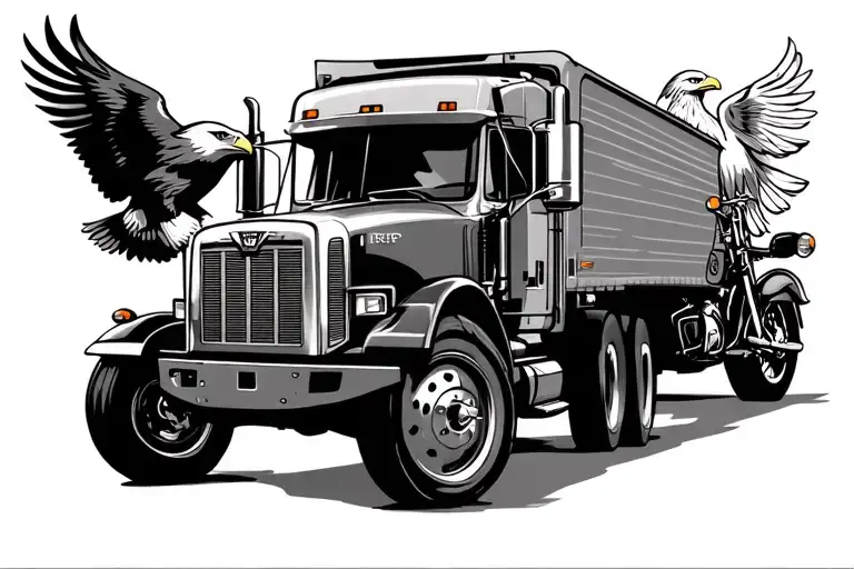 Tractor Trailer Driving Next To Motorcycle With Bald Eagle Flying And Navy Symbol