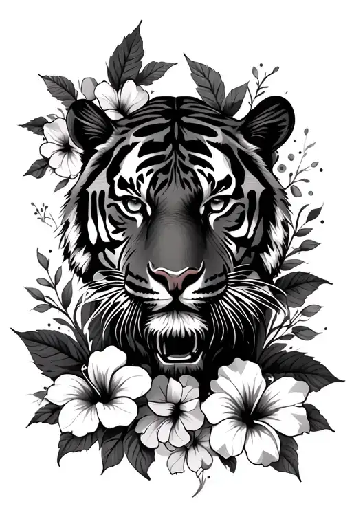 Tiger Face Surrounded By Hibiscus And Flowers Coming