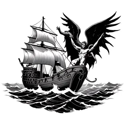 Caravel Fighting In Sea Againts Demon With Angel On The Other Side