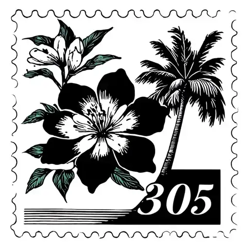 Postage Stamp In Black And White With Orange Blossom Flower And Palm Tree And 305