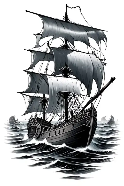 Viking Ship Sailing Through Ocean With Monster Coming