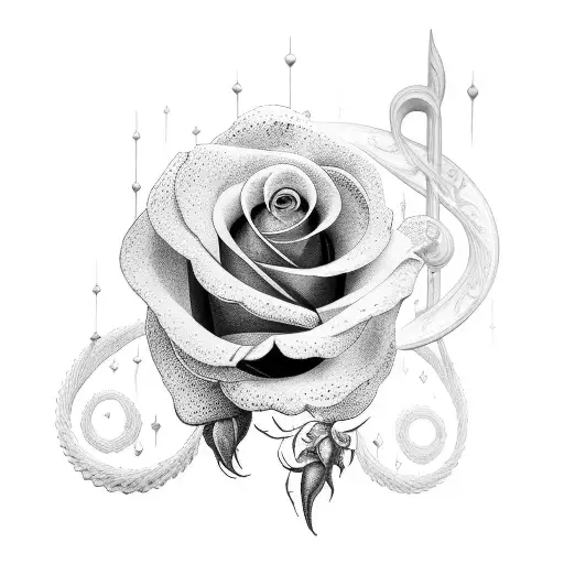 A Dotwork Tattoo Of A Rose Intertwined With Musical Notes