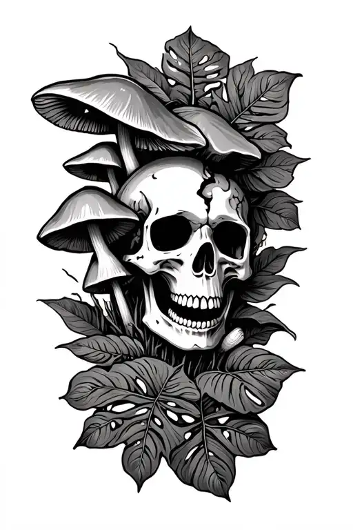 Broken Skull With Mushrooms Growing Out Surrounded By Monstera Leaves
