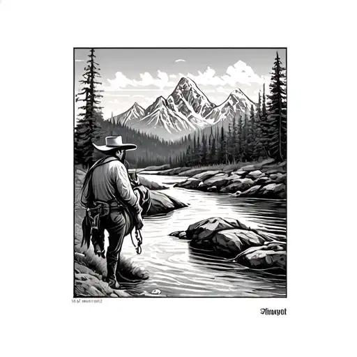 Cowboy Next To River And Mountain