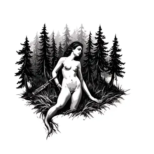 Nude Female Painter Surrounded By A Forest