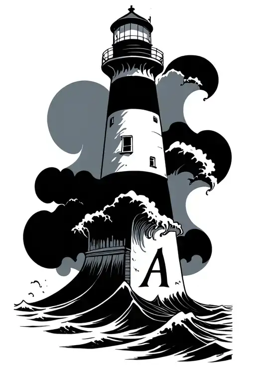 Lighthouse With High Waves Surrounding The Lighthouse And The Letter A On The Front