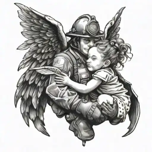 Firefighter With Wings Holding Female Toddler Girl