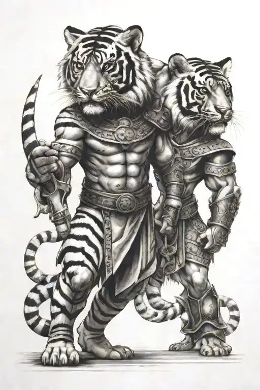 Tiger And Gladiator Standing Looking