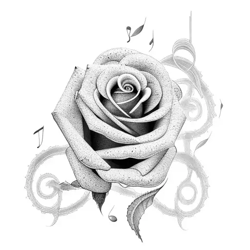 A Dotwork Tattoo Of A Rose Intertwined With Musical Notes
