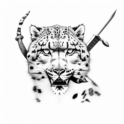 Snow Leopard With A Sword In Its Mouth Walking And Looking Back