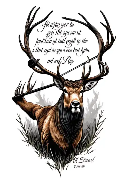 Bow Hunting Scene Tattoo Design With A Biblical Quote Intertwined