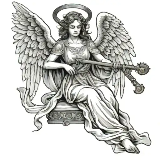 Female Angel In Flowing Robes Holding A Sword And Harp