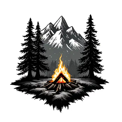 Forest With Mountain And Campfire Surrounded