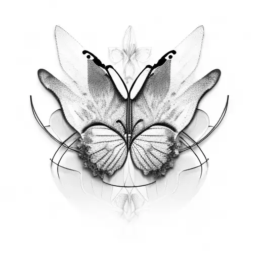 Glitch Butterfly Against The Background Of A Wire Fence With Purple Lilies Entwined With Them