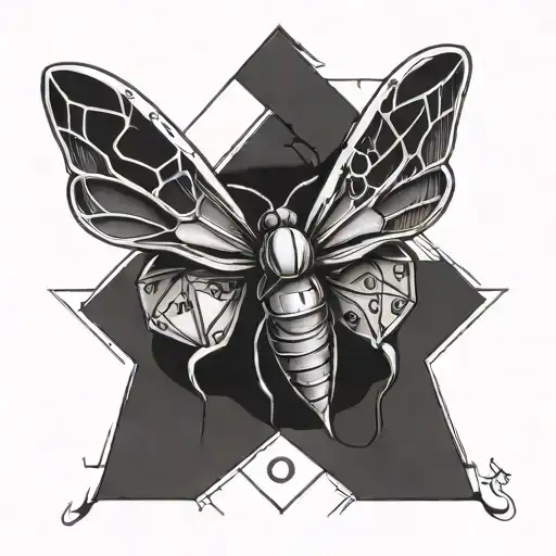 Moth Over A D20 Dice Outline Drawing