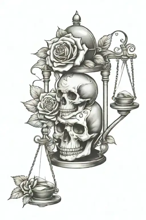 Skull And Hour Glass With Rose Blooming