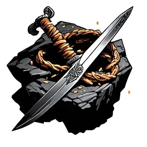 Sword With Snack Wrapped Around It Stuck In A Rock