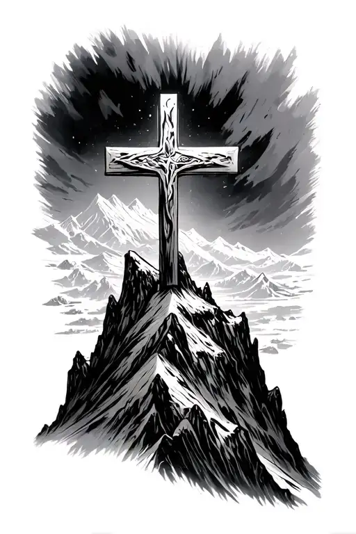 Cross On Top Of A Steep Mountain That It Shining
