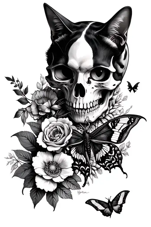 Cat Skull Surrounded By Flowers And A Luna Moth And Death Moth
