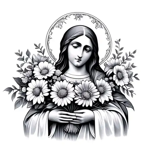 Virgin Mary Holding Bouquet Of Flowers