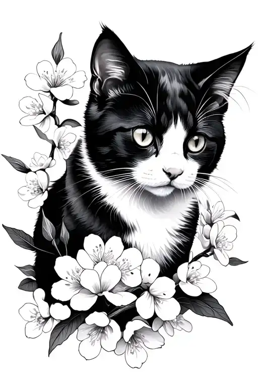 Black And White Cat In Sakura Flowers Blooming