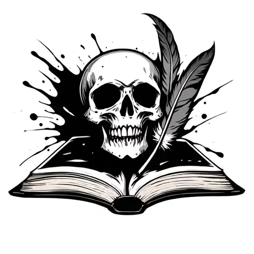 An Open Book With A Skull With A Feather In Blood