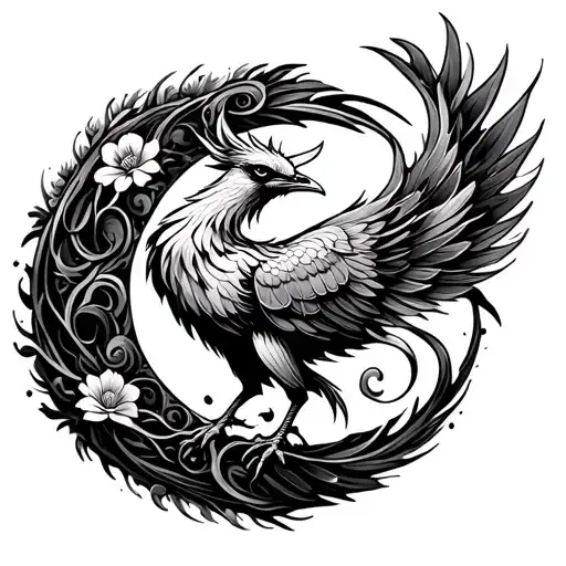 Stylized Detailed Phenix Surrounded By Swirling Floral Patterns In Circular Lunar Shape