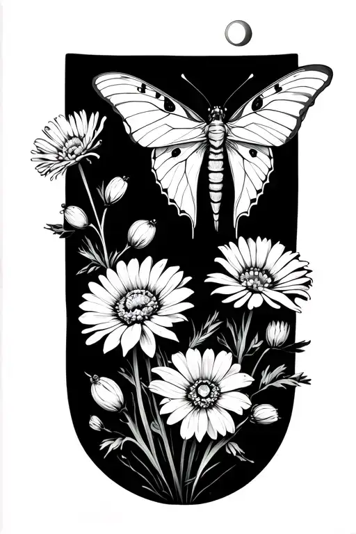 Cosmos Marigold Flowers And Lunar Moth Sitting