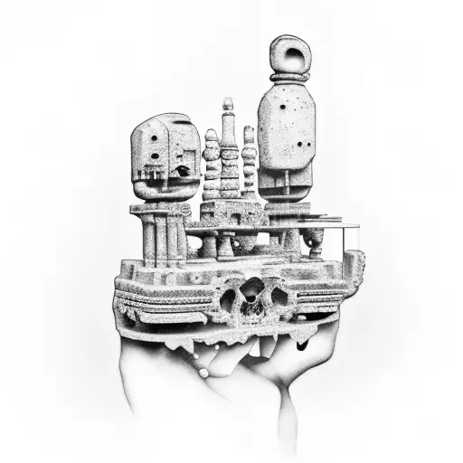 A Tattoo Of A Mysterious Ancient Artifact Being Photographed By A Dad With His Two Daughters