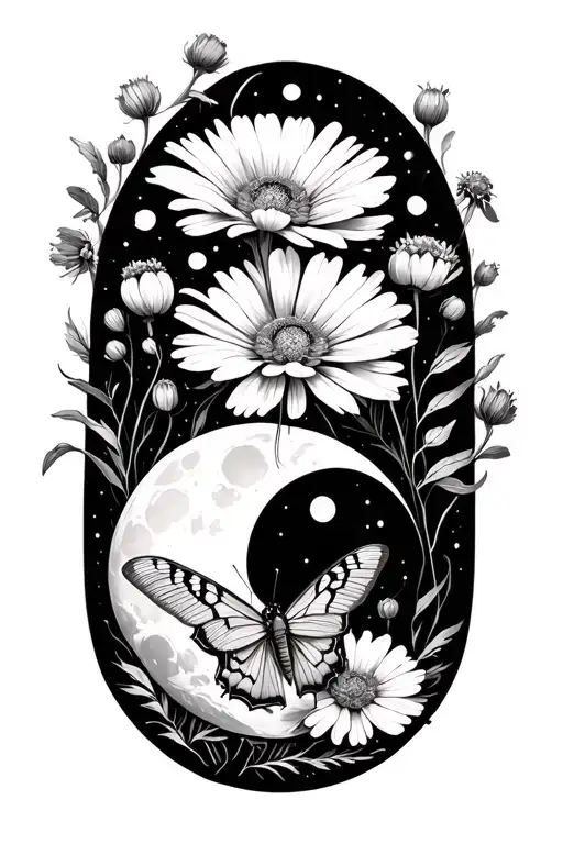 Cosmos Marigold Flowers And Lunar Moth Sitting Together