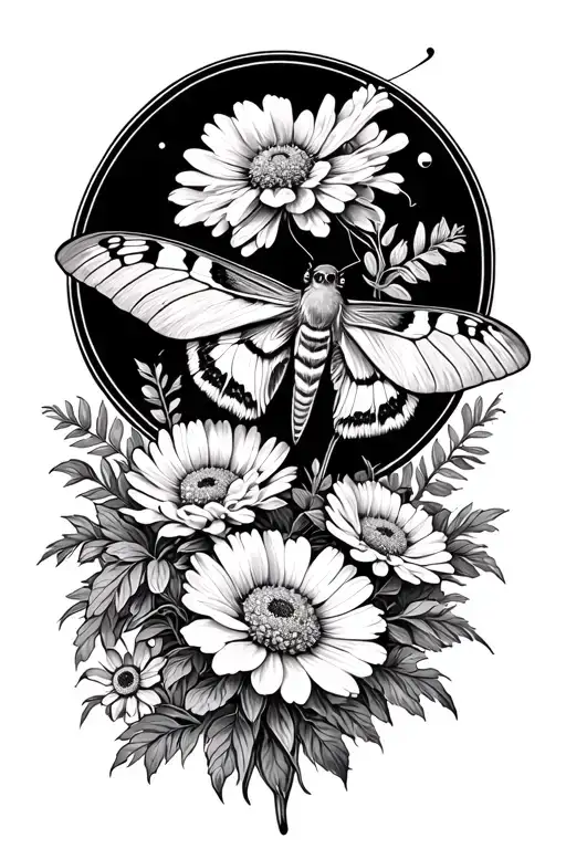 Cosmos Marigold Flower Bouquet And Lunar Moth Perched