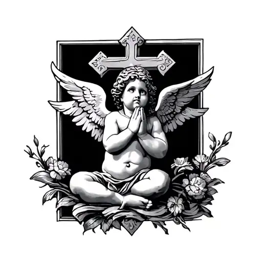 Cherub Praying With Cross Surrounded