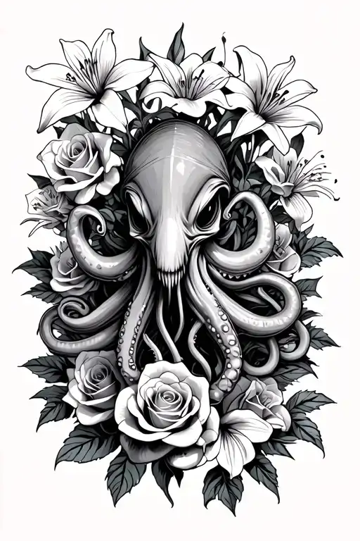 Evil Squid Wrapped Around Roses And Lilies