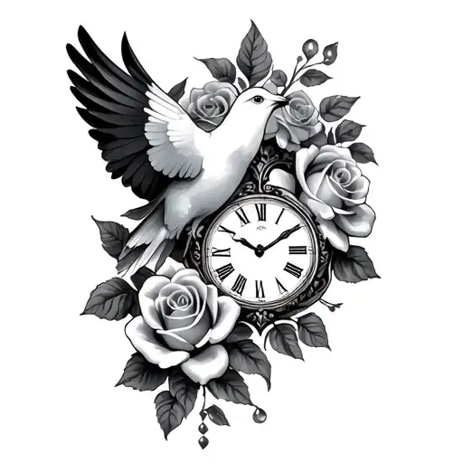 Clock Dove Roses Intertwined