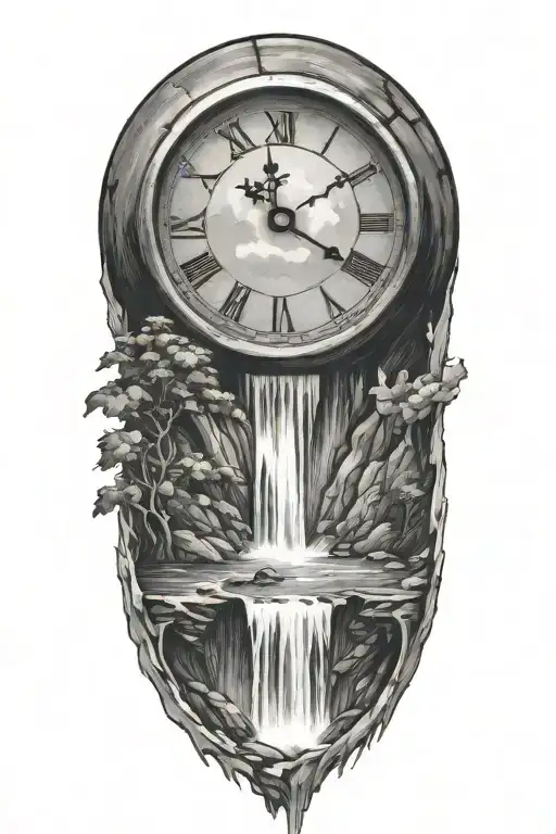 Clock Going Into Waterfall Flowing