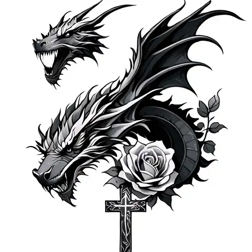 Dragon Tattoo With Cross And Roses