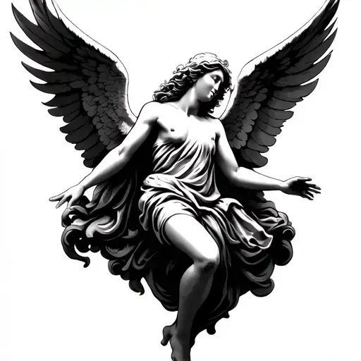 Generate A Tattoo With An Angel Falling With Two Hands Above On Each Side Facing Down