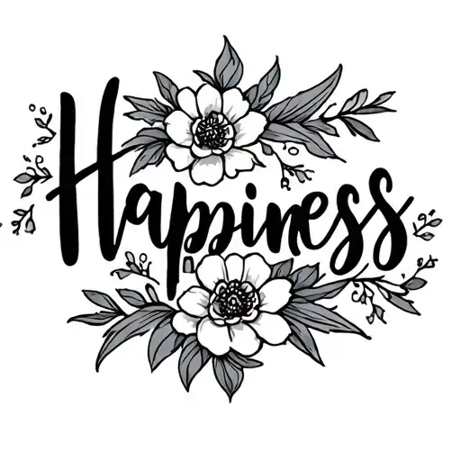 Happiness In Cursive With Floral Elements
