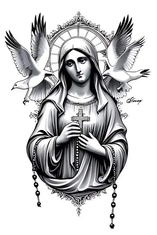 Virgin Mary Holding A Rosary Beads With 2 Doves Flying
